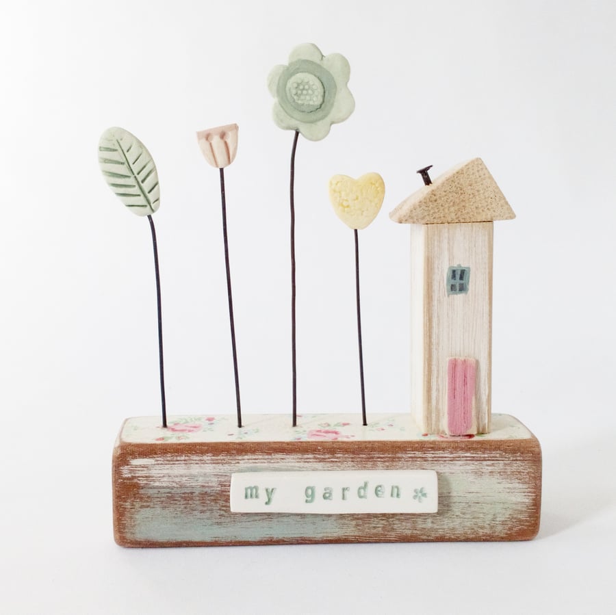 SALE - Little wooden house with clay flower garden 'my garden'
