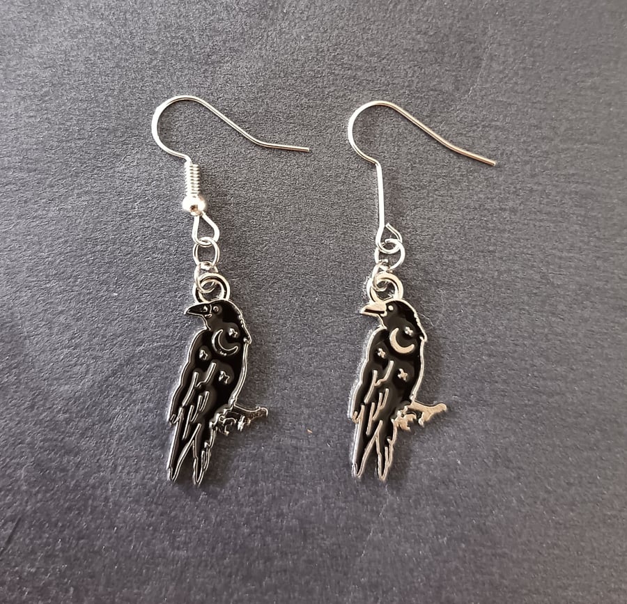 Gothic  black and silver crow charm dangle earrings 