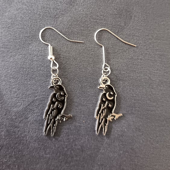 Gothic  black and silver crow charm dangle earrings 