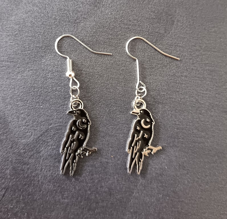 Gothic  black and silver crow charm dangle earrings 