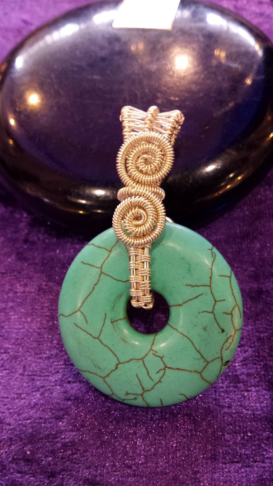 Dyed Turquoise Howlie Reversible Wire Wrapped Donut Pendant