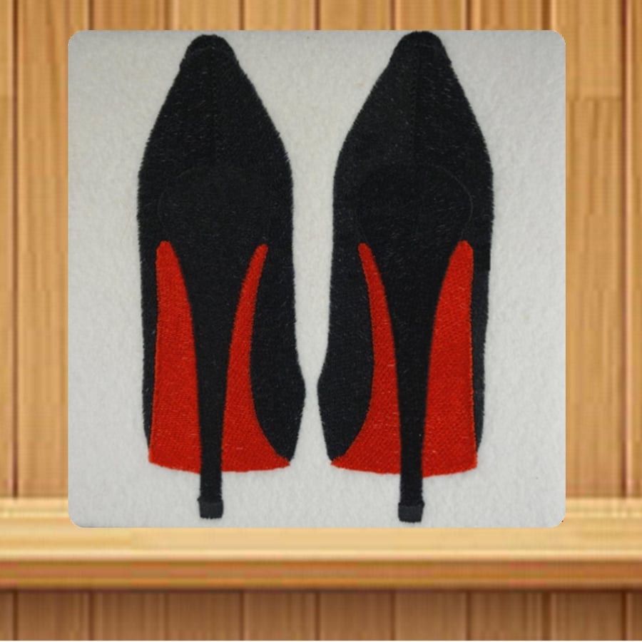 Handmade black high heeled shoes greetings card embroidered design