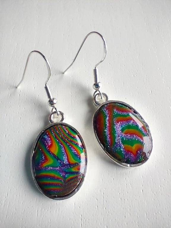 Dark Psychedelic Oval Rainbow Earring Drops