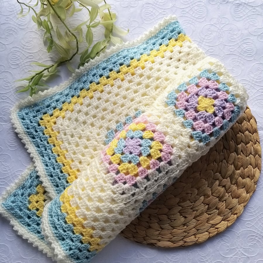 Seconds Sunday Crochet Baby Blanket. Blue, Lemon, Pink & Lilac Granny Squares