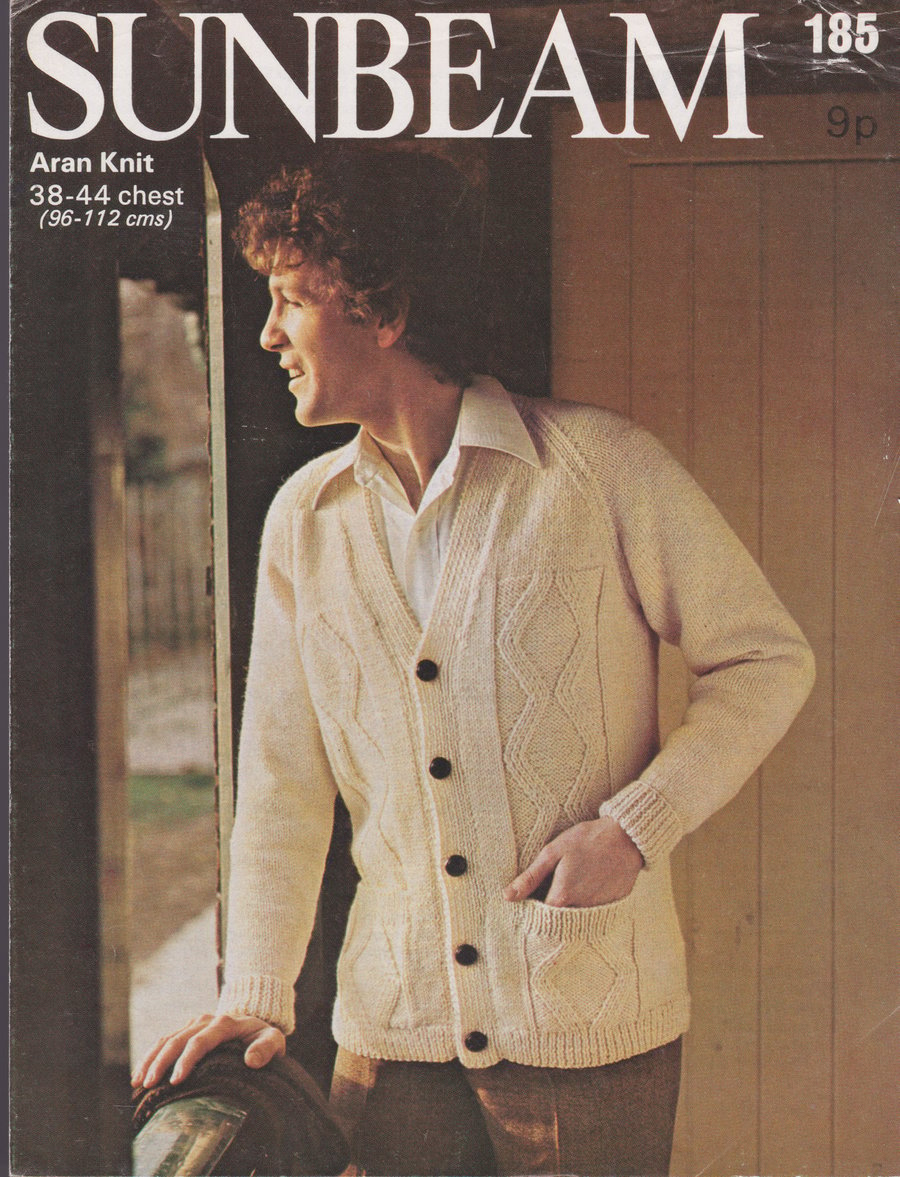 Vintage Knitting Pattern 185: SUNBEAM, Man’s Aran Patterned Cardigan