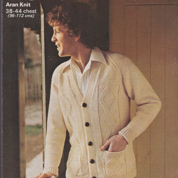 Vintage Knitting Pattern 185: SUNBEAM, Man’s Aran Patterned Cardigan