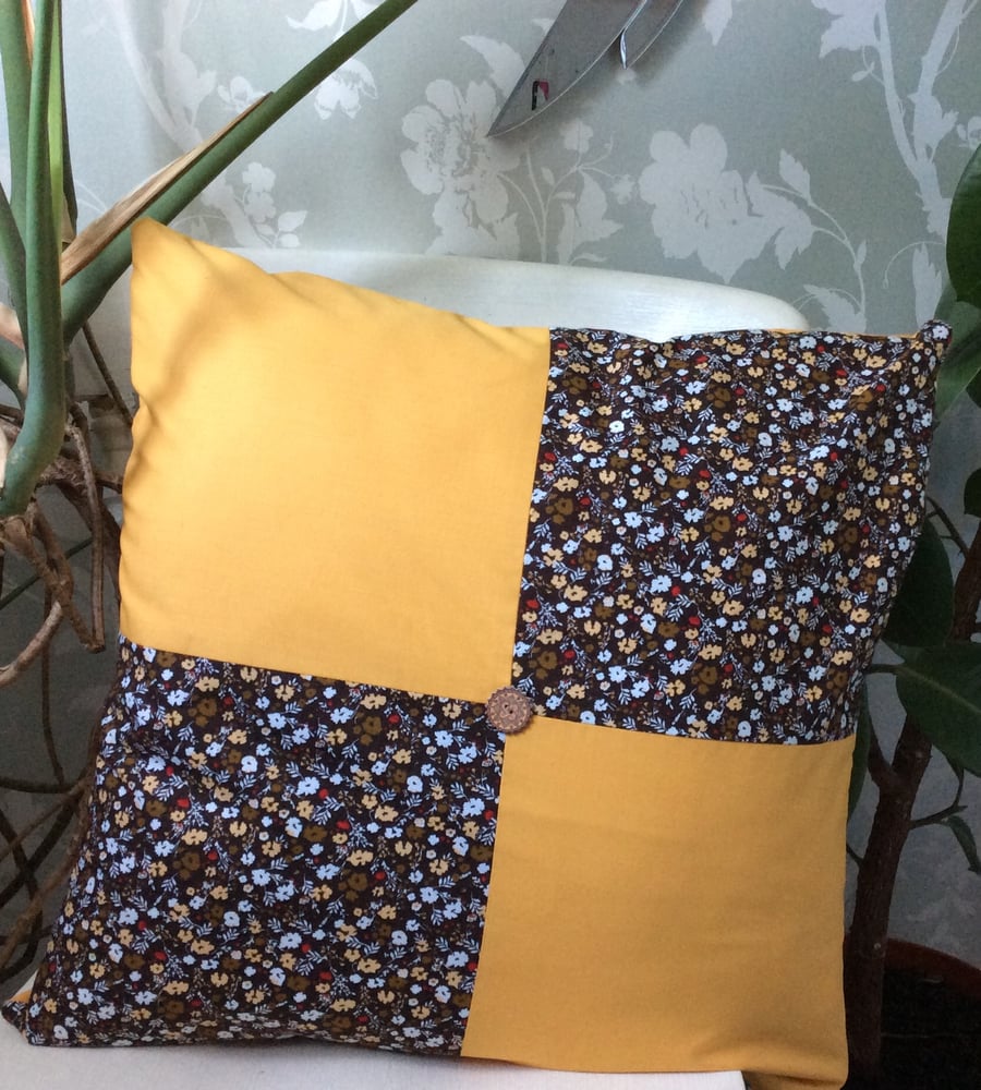 Handmade floral and mustard cushion cover with zipper on the back