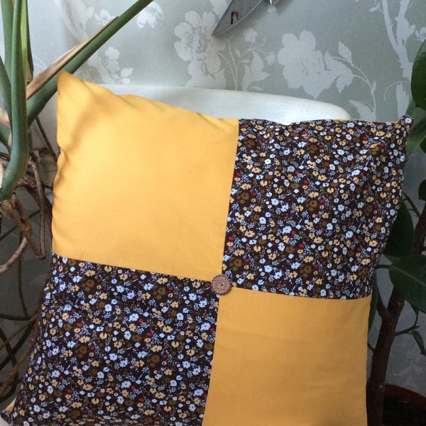 Handmade floral and mustard cushion cover with zipper on the back