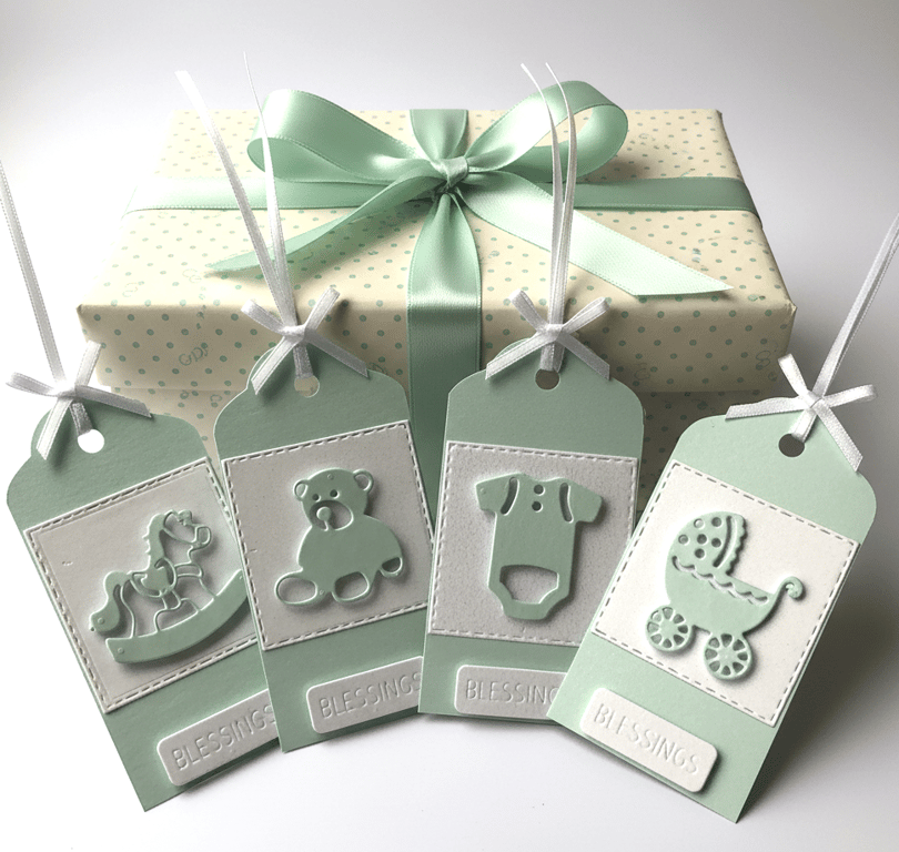 Handmade Pearl shimmer Aquamarine baby gift tags 
