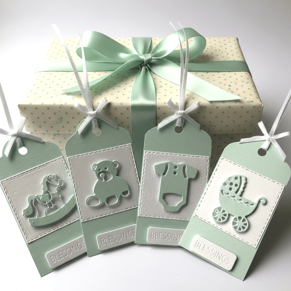 Handmade Pearl shimmer Aquamarine baby gift tags 