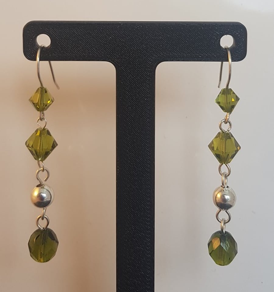 Olive Green Crystal and Silver Drop Earrings. - Folksy