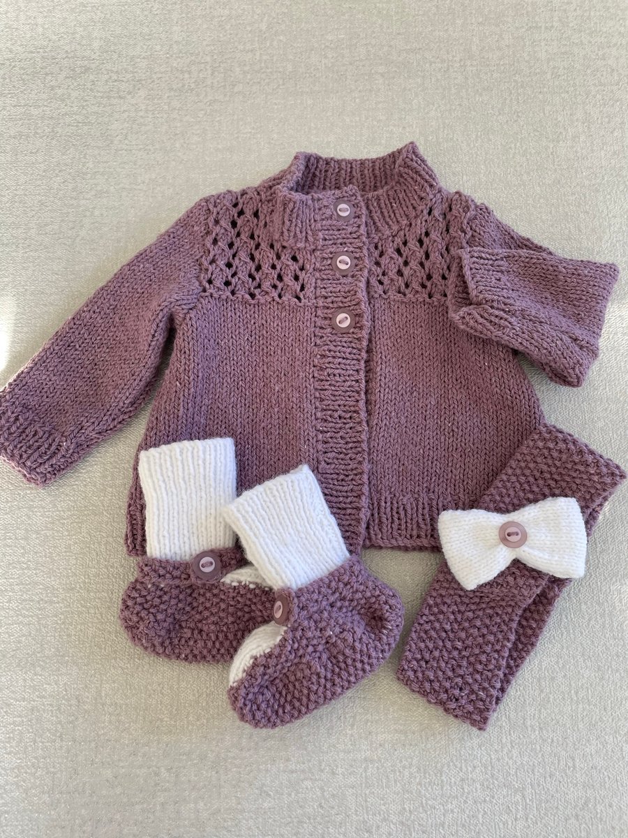 Eco cotton cardigan, bootees and headband