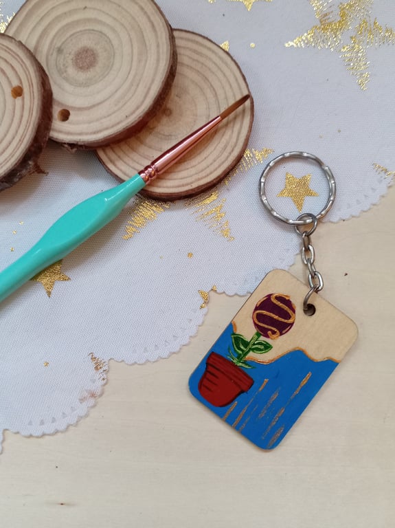 Wooden rectangular purple flower Keyring 