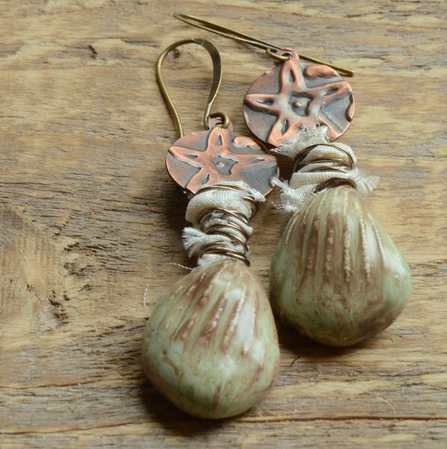 Beige Ceramic Shell Earrings with Sari Silk Ribbon & Embossed Copper discs