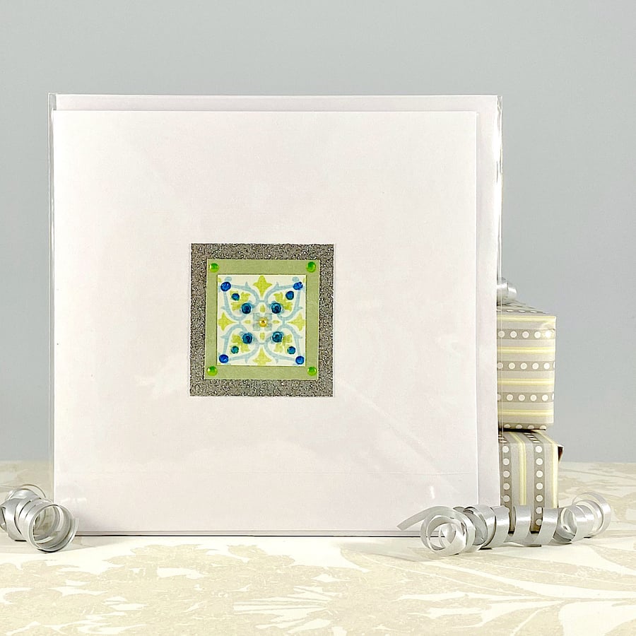 Handmade jewelled birthday card - geometric tile pattern