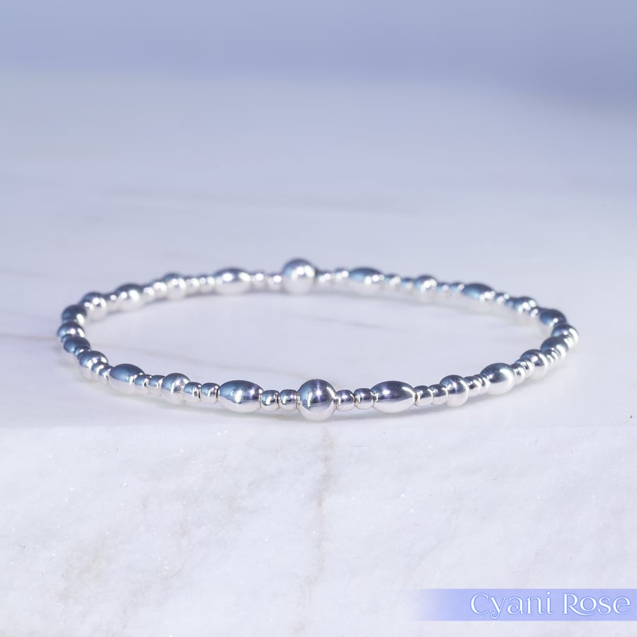 Bracelet sterling silver beaded handmade stretchy stacking dainty