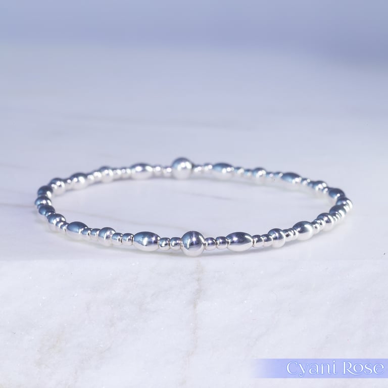 Bracelet sterling silver beaded handmade stretchy stacking dainty