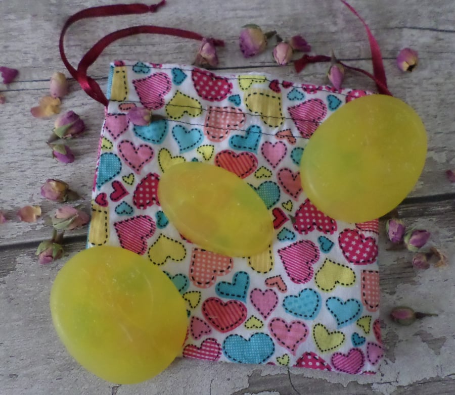 Set Of Three Natural Handcrafted Lemon Soaps With Pretty Lined Hearts Cotton Bag