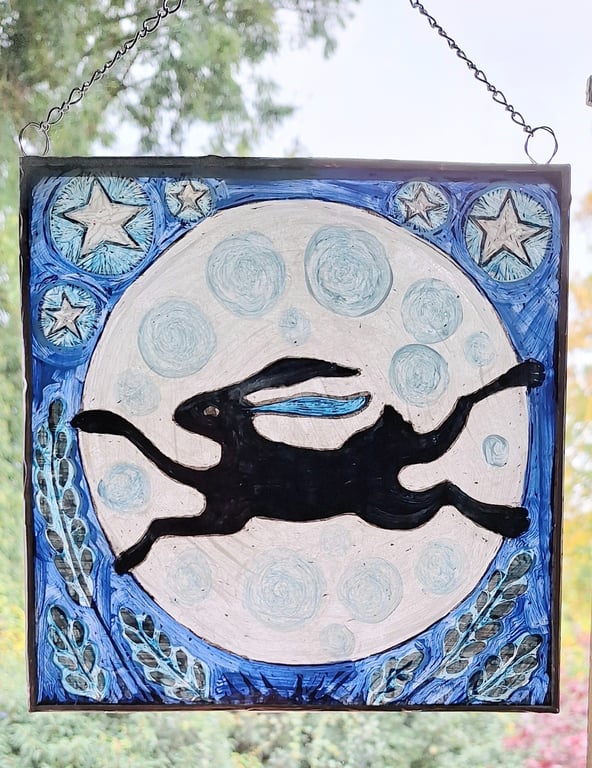 HARE and MOON WINDOW PANEL WALL HANGING. HAND PAINTED HARE. 8 x8 inches.