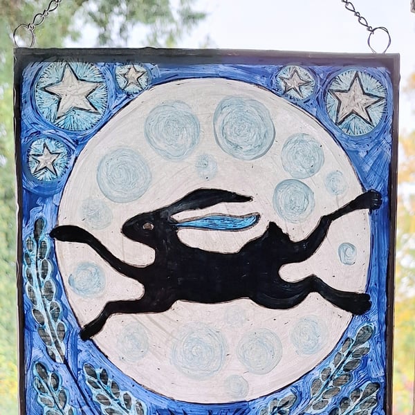 HARE and MOON WINDOW PANEL WALL HANGING. HAND PAINTED HARE. 8 x8 inches.