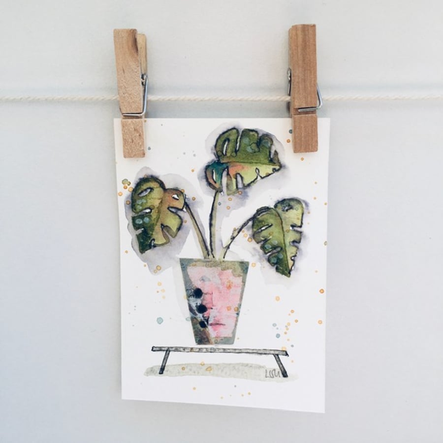 Original art ACEO in watercolour and collage house plant miniature