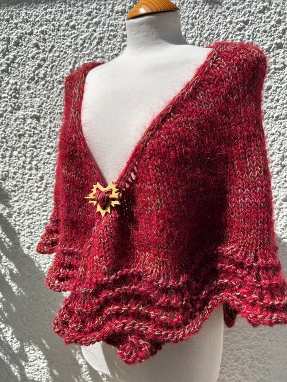 Halo Effect Red Mohair Hand Knitted Triangle Lace Shawl