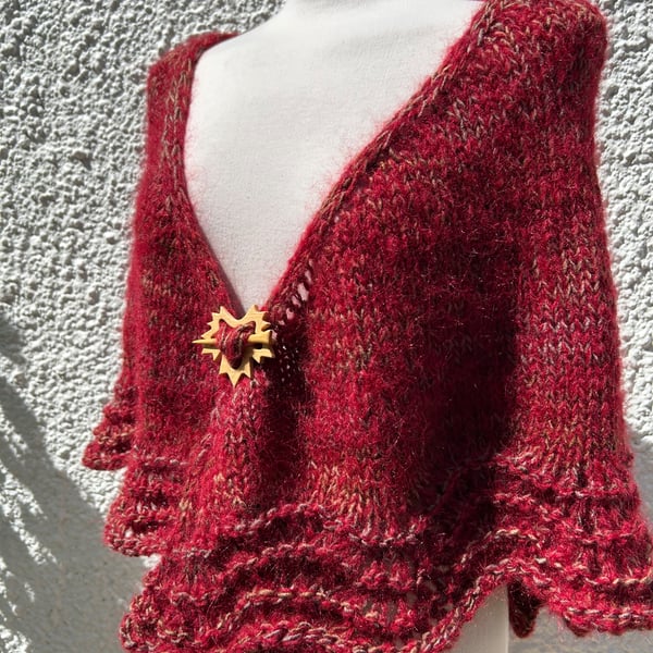 Halo Effect Red Mohair Hand Knitted Triangle Lace Shawl