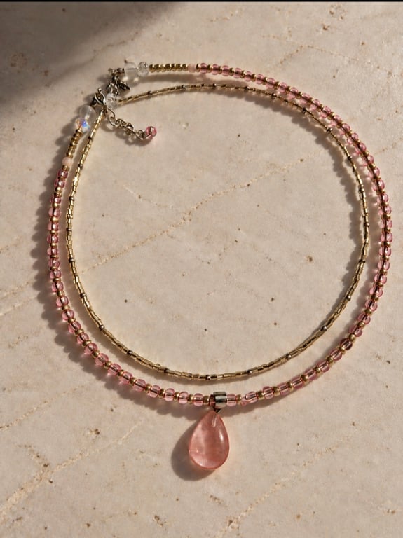 Pink Teardrop Pendant Necklace – Handmade Double Layer Pink and Gold Necklace