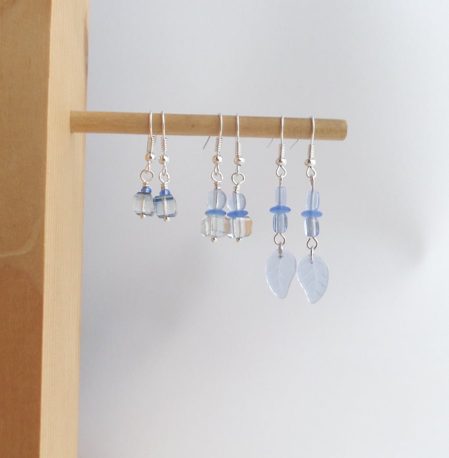 Blue Silver Earrings, Choice of length, Crystal and Glass Dangle Earrings