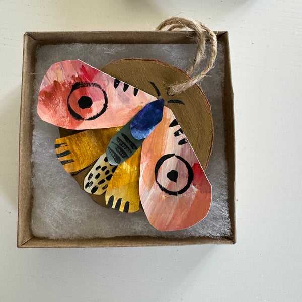 Handmade Butterfly Moth Art on slices wood 5