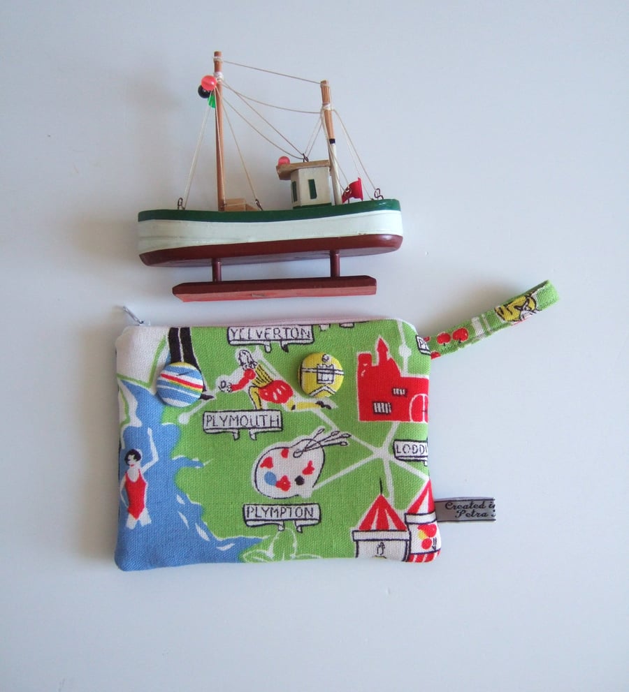 Sold craft Vintage tea towel make up bag, with a map of Plymouth and Devon.