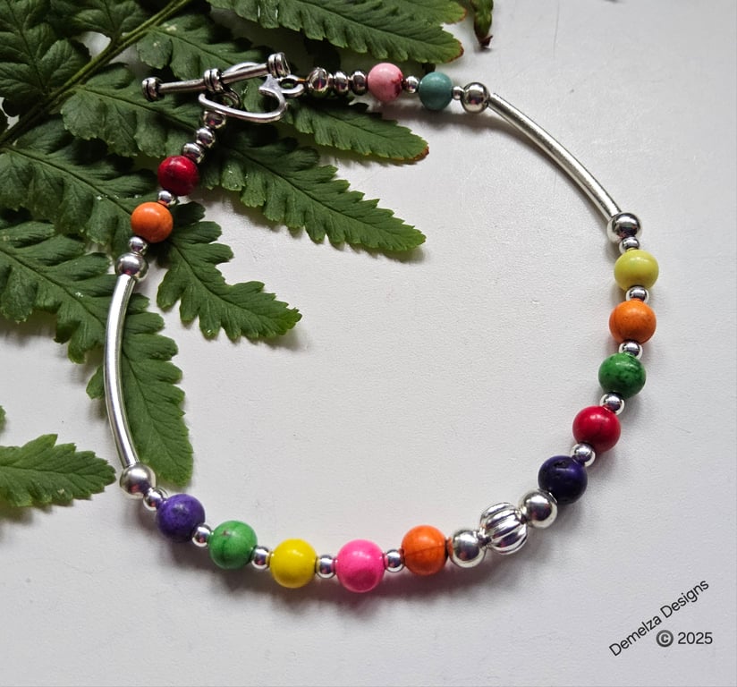 Multicoloured Howlite Bracelet with Tibetan Silver Heart MEDIUM SIZE
