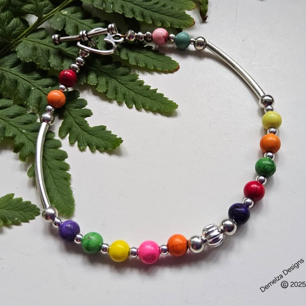 Multicoloured Howlite Bracelet with Tibetan Silver Heart MEDIUM SIZE