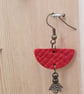 Red Leather Dangle Drop Earrings Half Moon and Gunmetal Floral Bead  - Image 2