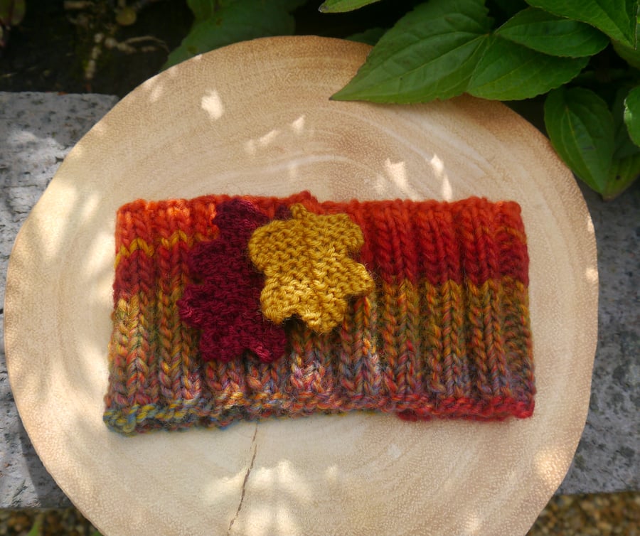 Bright Autumnal Ear Warmers, Knitted Oak Leaves Headband