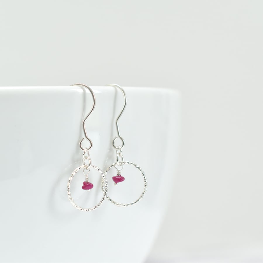 Ruby and Delicate Sterling Silver Circle Earrings