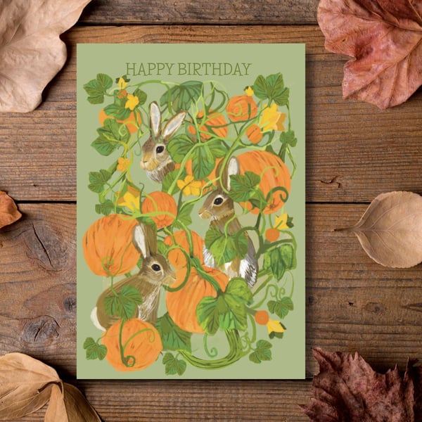 Birthday card Rabbits  pumkins wildlife blank inside