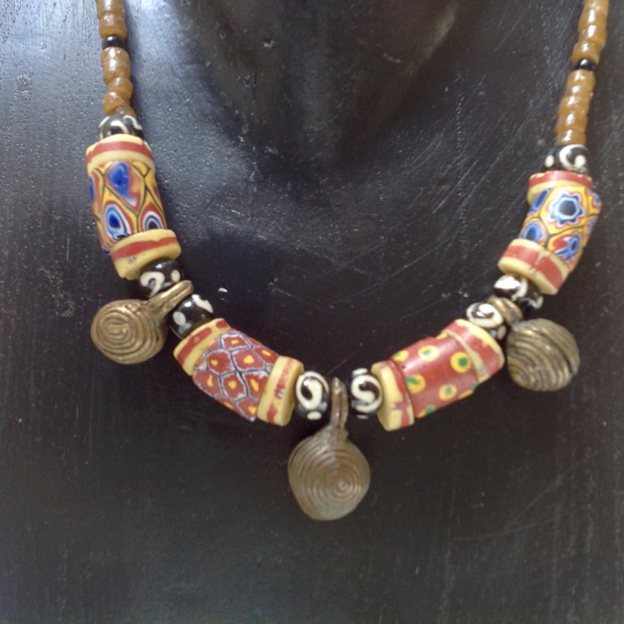 Short necklace with antique trade beads, Tibetan prayer and African brass beads