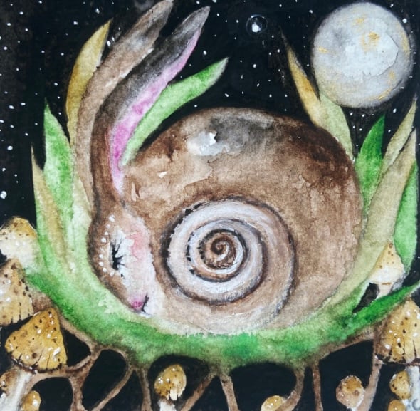 Original Mother Earth Woodland Resting Hare Rabbit Watercolour Mounted Wall Art