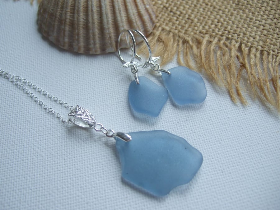 Scottish blue sea glass earring and necklace set, sterling silver, angel wings