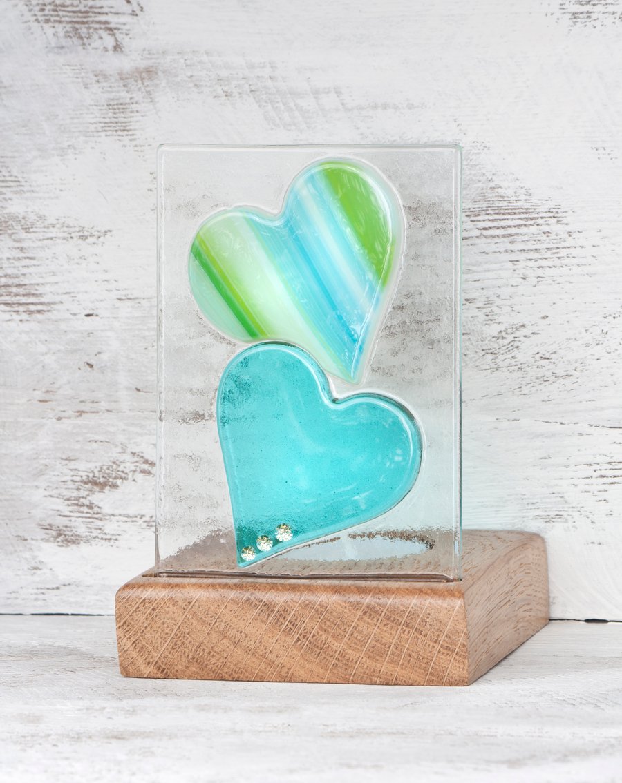 Fused Glass Hearts in Teal with Green set in a Handcrafted Oak Tea Light Holder