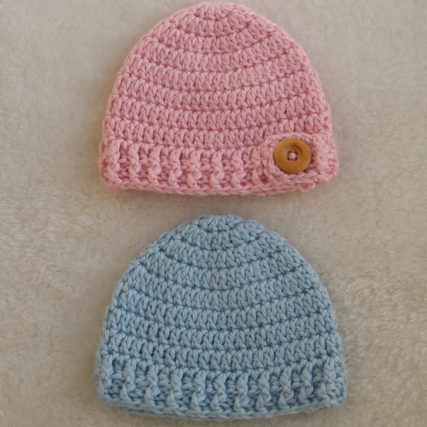 Twin Baby Hats - Baby Boy and Baby Girl Beanie Hats - Soft Blue and Soft Pink