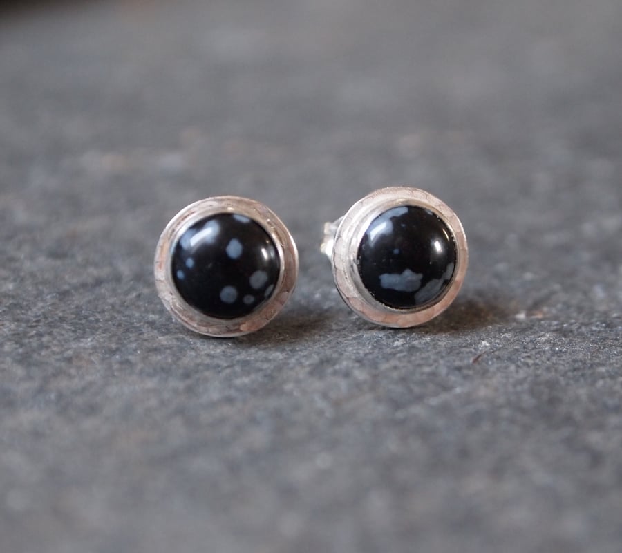 Silver earrings with snowflake obsidian