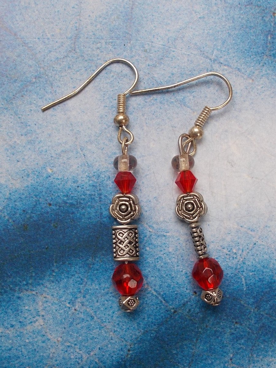 Lovely Beaded Earrings with Red Acrylic, Glass and Tibetan Silver Beads