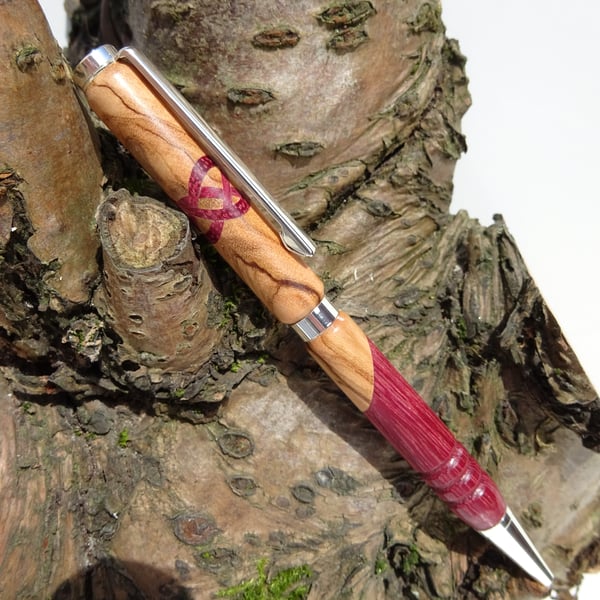 Olive and Purple Heart Wooden Pen with celtic cross - Lathe Turned Writing Pen