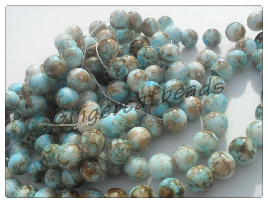 25 x Mottled Stone Effect Glass Beads - Round - 10mm - Blue 
