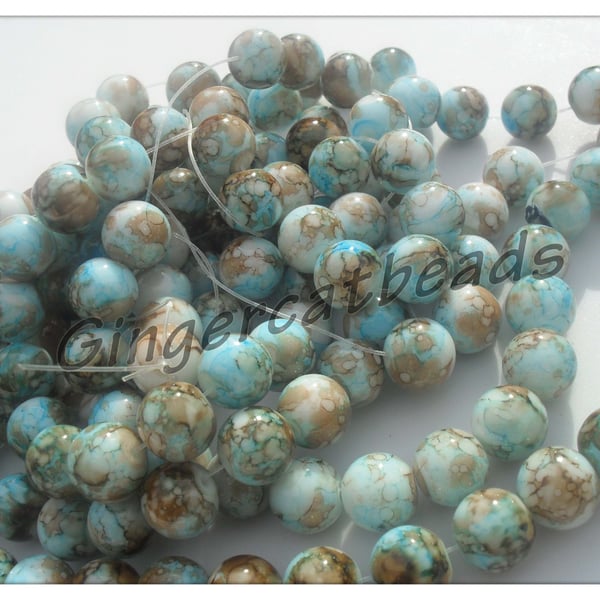 25 x Mottled Stone Effect Glass Beads - Round - 10mm - Blue 