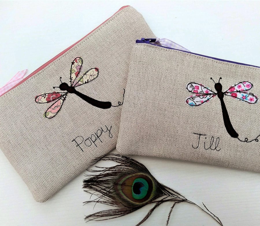 Personalised Dragonfly Pencil Case - Oatmeal Linen Art Pen Pouch gift