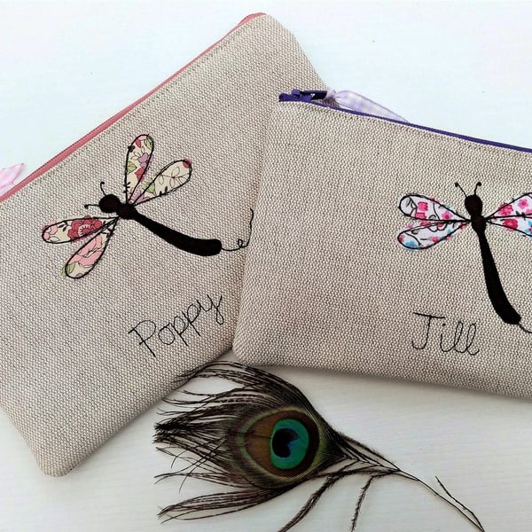 Personalised Dragonfly Pencil Case - Oatmeal Linen Art Pen Pouch gift