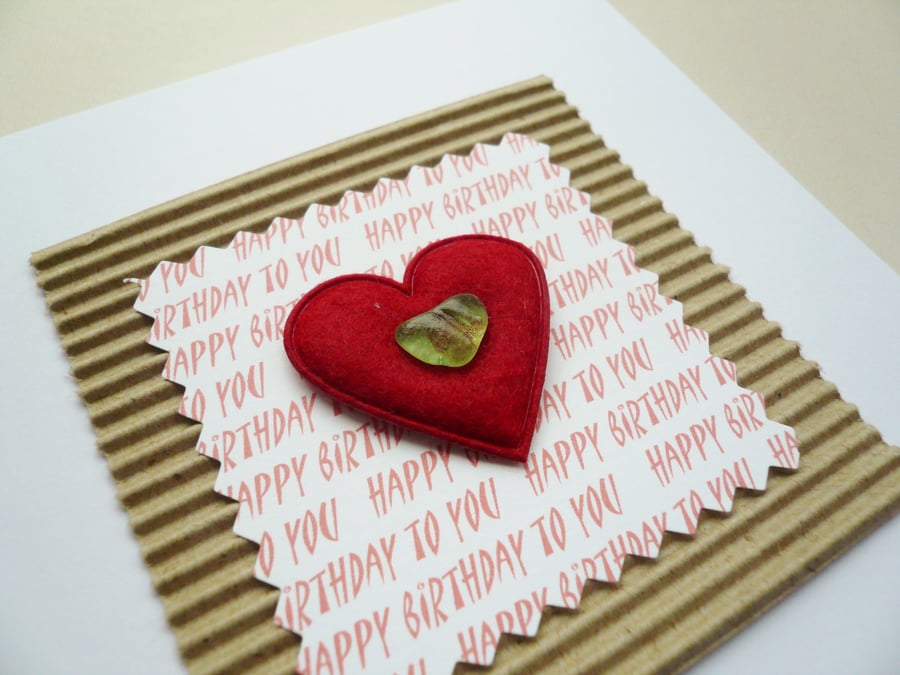 Red Felt Heart Sea Glass Embellished Greetings Card